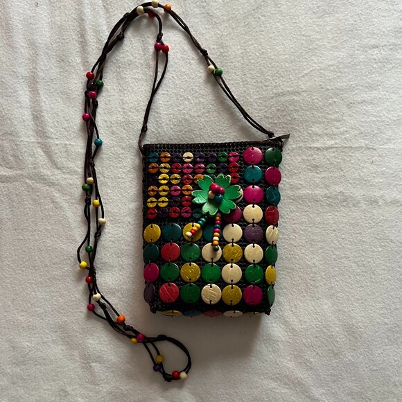 Bohemian Woven Crossbody Cocnut Shells/Beads Mini-Bag/Purse - Picture 1 of 6